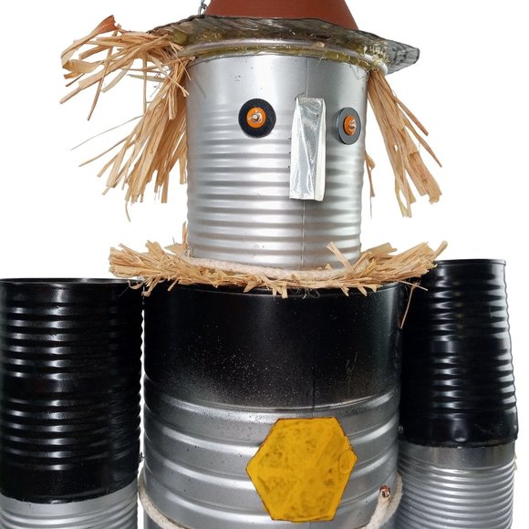 Folk Art Tin Man Scarecrow Sculpture Wizard Of Oz Recycled Robot Vintage 26 Inch - Picture 5 of 16